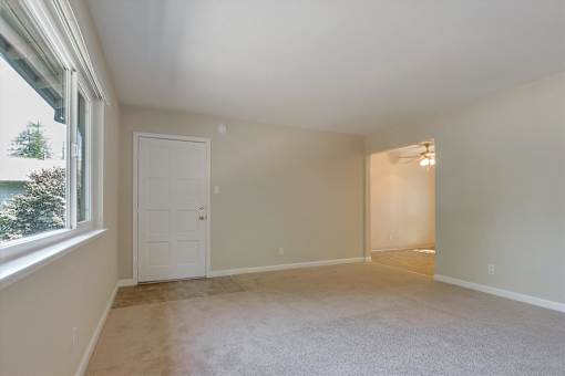A room with a white door and a window with a view of trees.
