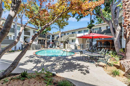 A pool surrounded by trees and chairs with a red umbrella.