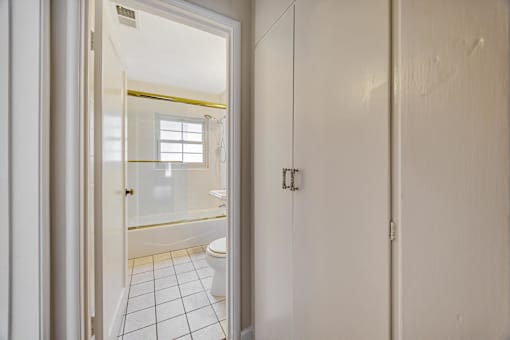 A white bathroom with a toilet and a shower.