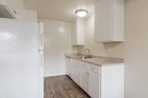 A white kitchen with a sink and cabinets.