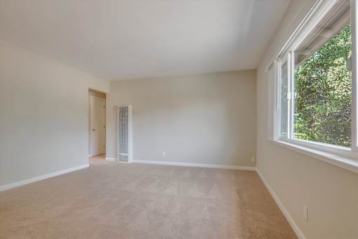 A room with a carpeted floor and a window showing trees outside.