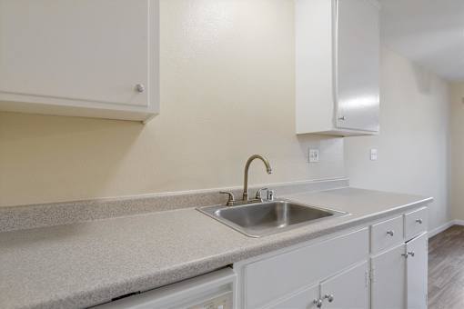 A kitchen with a sink and cabinets.