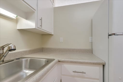 a kitchen with a sink and a refrigerator