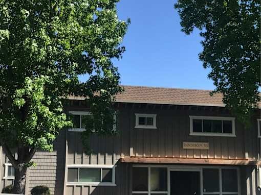 the front of a building with a tree in front of it