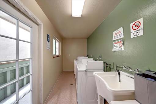 A bathroom with a green wall and a white sink.