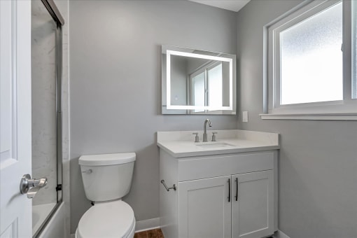 a bathroom with a sink toilet and a mirror