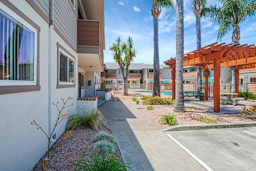 A sunny day at a residential area with a building, palm trees, and a parking lot.