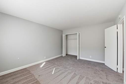 A room with a carpeted floor and a white door.