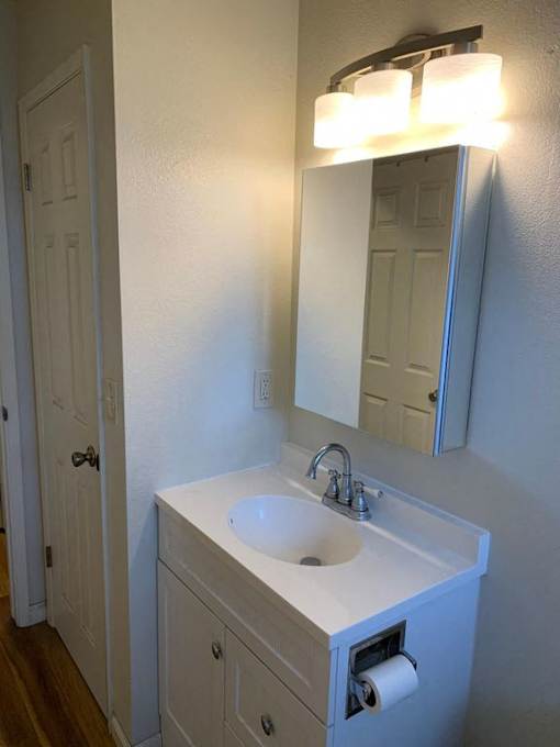 a bathroom with a sink and a mirror