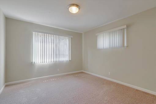 A room with a carpeted floor and two windows with blinds.