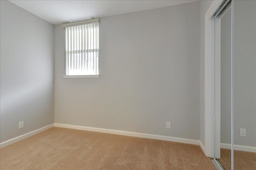 A room with a window and a carpeted floor.