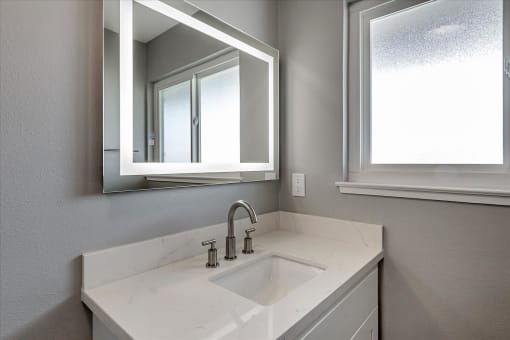 a bathroom with a sink and a mirror