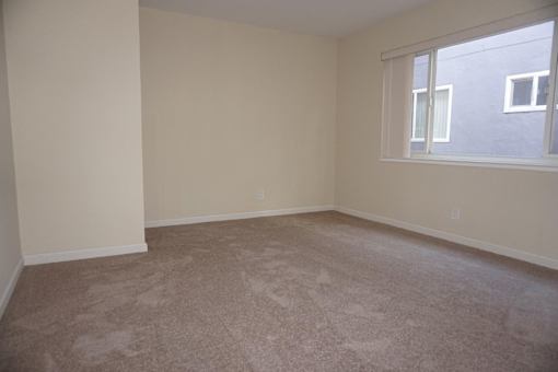 A room with a carpeted floor and a window.