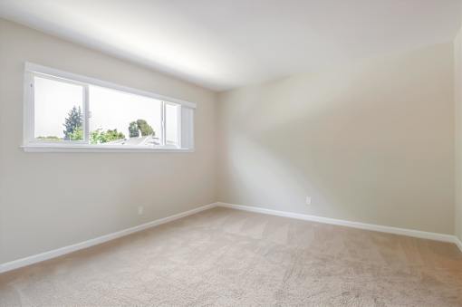 A room with a window and carpeted floor.