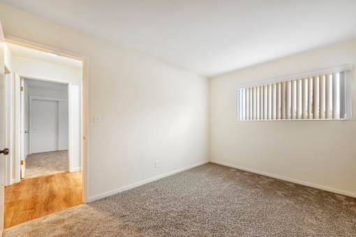 A room with a carpeted floor and a window with blinds.