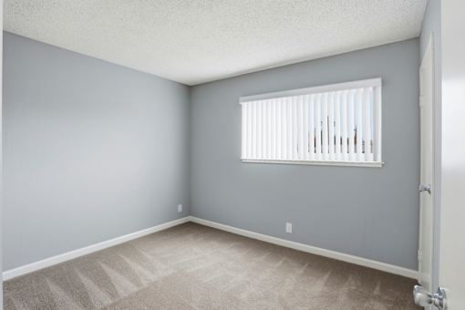 A room with a carpeted floor and a window with blinds.