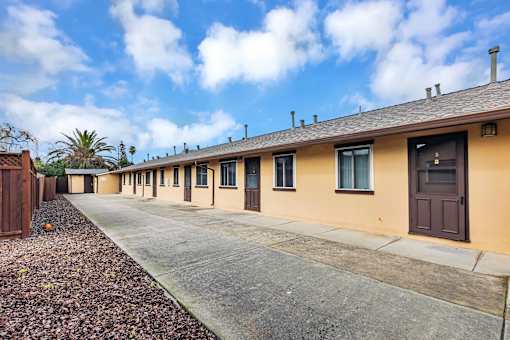 A series of houses with brown doors and windows.