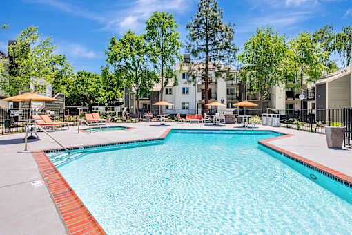A large swimming pool surrounded by trees and apartment buildings.
