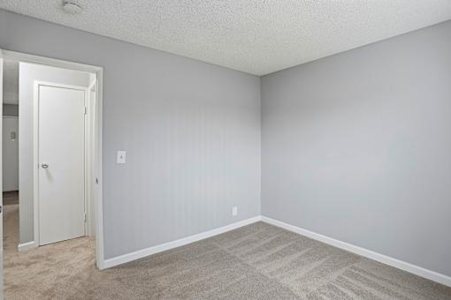 A room with a carpeted floor and a white door.