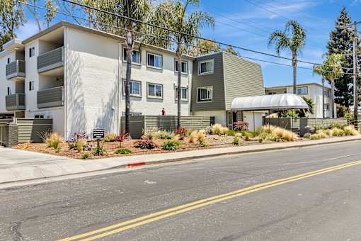 A street view of a residential area with apartment buildings and palm trees.