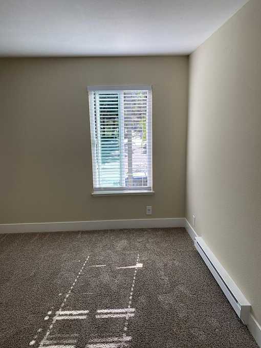 A room with a carpet and a window with blinds.