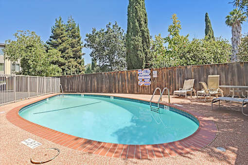 A  pool surrounded by a wooden fence and trees.