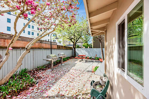 A patio with a bench and a tree with pink flowers.