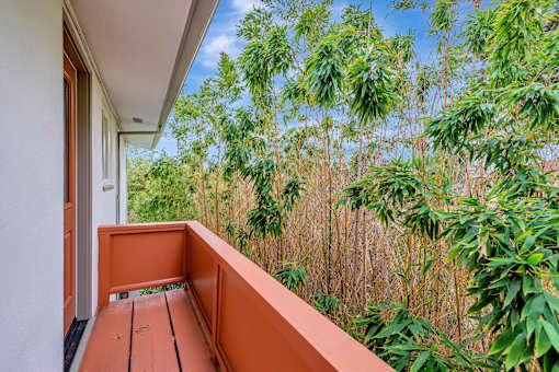 A balcony with a bench and a view of trees.