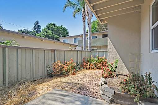 A backyard with a wooden fence and a small garden.