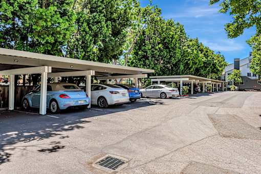 A parking lot with cars parked under a canopy.