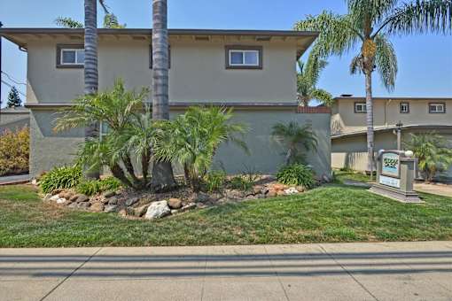 A house with a palm tree in front of it.