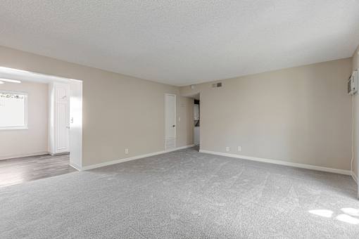 A large, empty room with a carpeted floor and white walls.