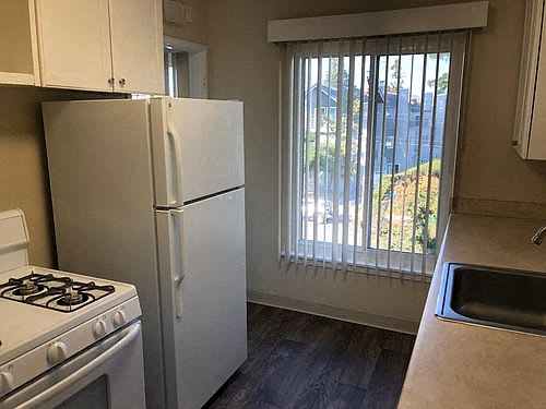a kitchen with a refrigerator and a window
