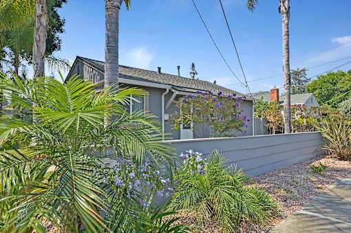 A building with a grey roof and a grey wall is surrounded by green plants.