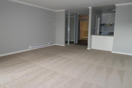 A room with a carpeted floor and a doorway leading to another room.