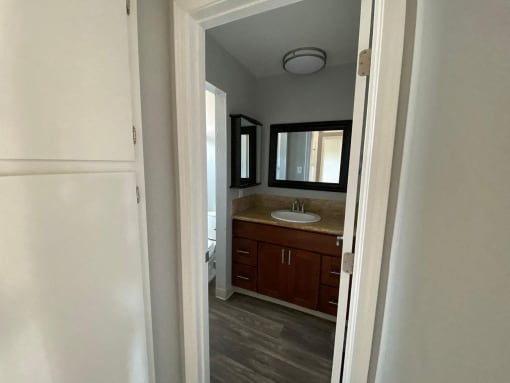 a bathroom with a sink and a mirror