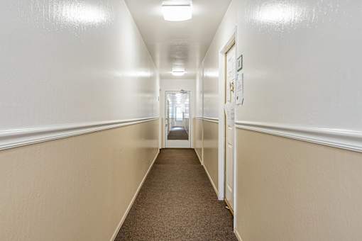 A hallway with white walls and carpeted floor.