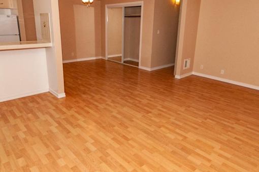 a living room with a wooden floor and a closet
