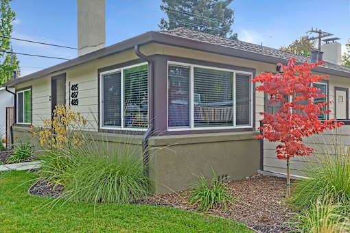 A house with a red tree in front.