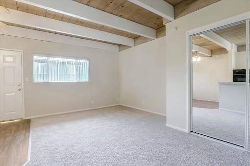 A room with a white door and a window with blinds.