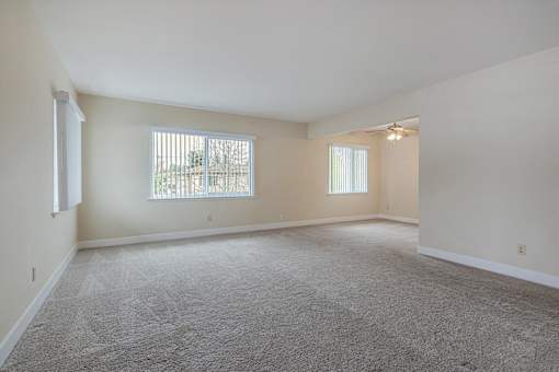 A large empty room with a carpeted floor and a window with blinds.