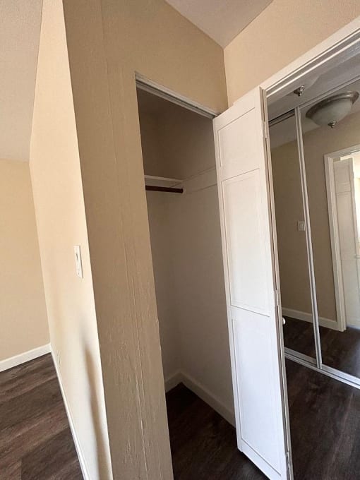 a bedroom with a closet and a mirrored closet door