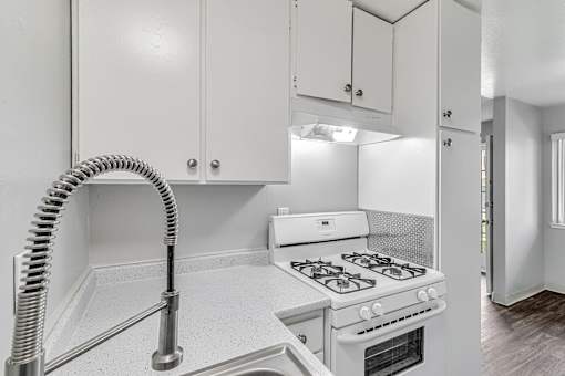 A white kitchen with a stove and a hose.
