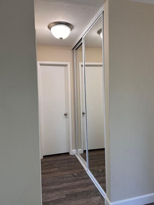 a hallway with mirrored doors and a light on the ceiling