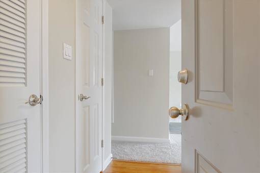 A white door with a gold handle is open.