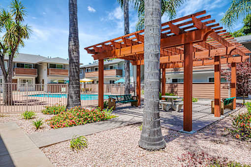 A wooden pergola is in the middle of a garden with a pool in the background.
