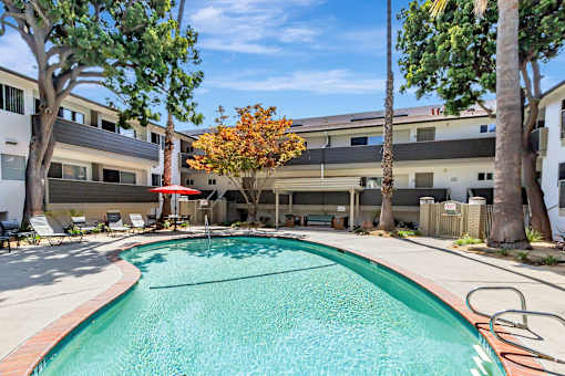 A swimming pool surrounded by trees and a building in the background.
