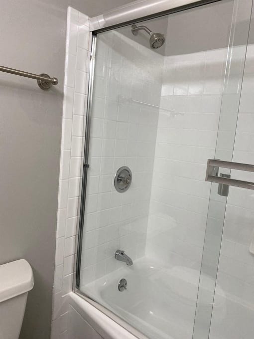 a white bathroom with a shower and a toilet