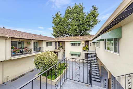 A view of a courtyard with a black metal railing and a green bush.