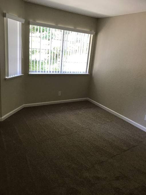 A room with a carpeted floor and a window with blinds.